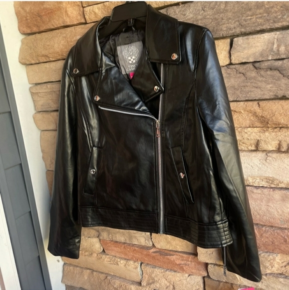 Nwt Vince Camuto black faux leather motorcycle zip jacket Large - Picture 3 of 13